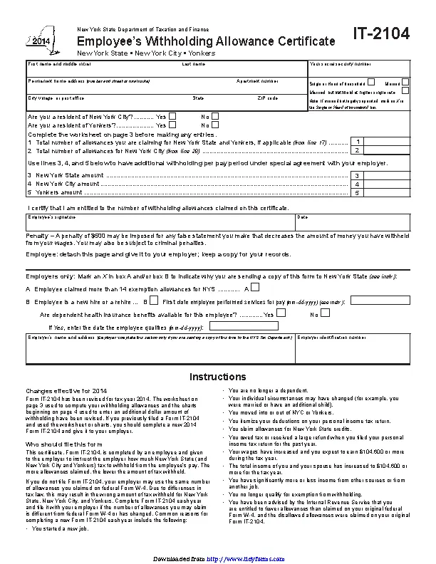 Ny It 2104 Employees Withholding Allowance Form