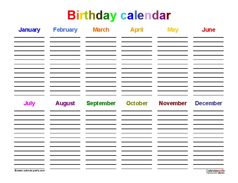 Office Birthday Calendar Template