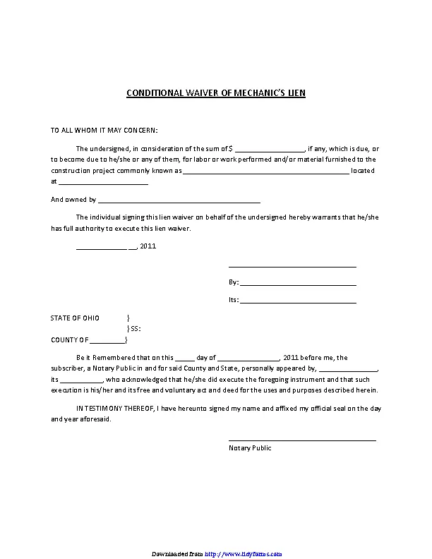 Ohio Conditional Waiver Of Mechanic Lien