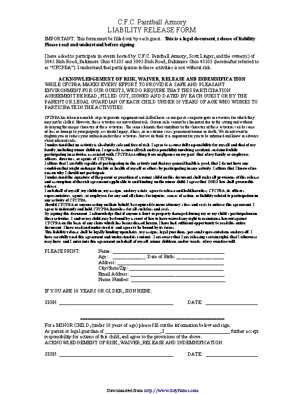 Ohio Liability Release Form 1