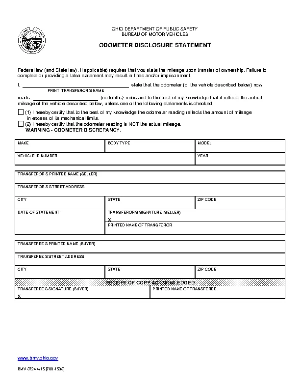 Ohio Odometer Disclosure Statement Form Bmv 3724