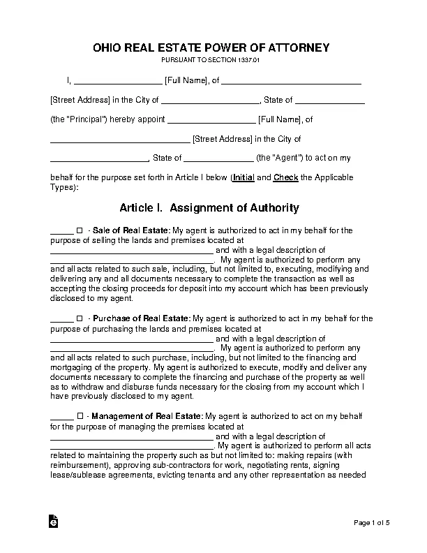ohio real estate power of attorney form PDFSimpli