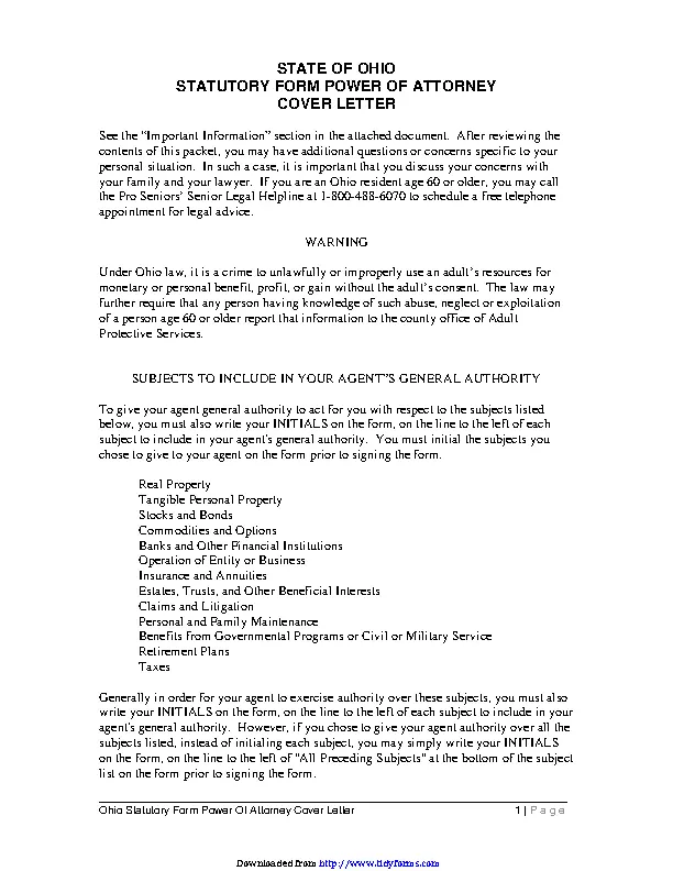 Ohio Statutory Power Of Attorney Form - PDFSimpli