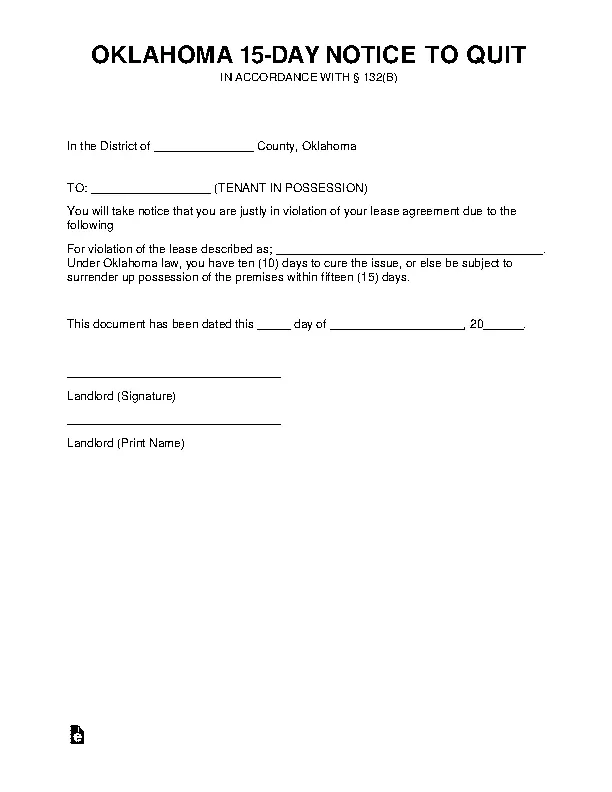 Oklahoma 15 Day Notice To Quit Form Noncompliance