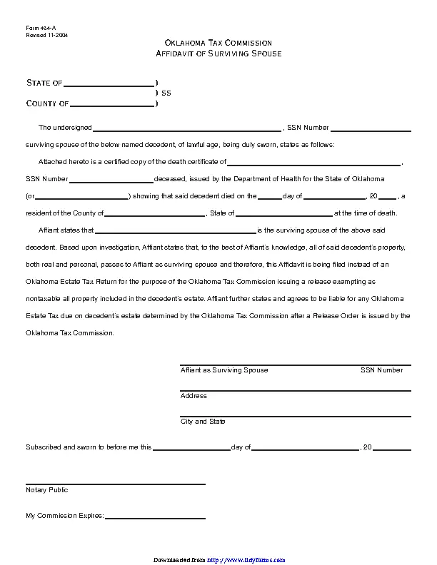 Oklahoma Affidavit Of Surviving Spouse Form - PDFSimpli