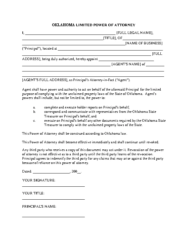 Oklahoma Limited Power Of Attorney Form