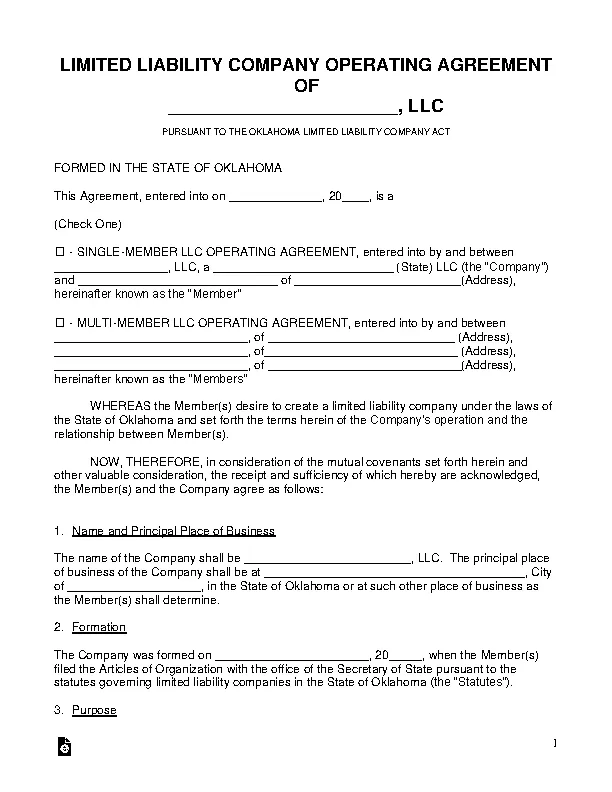 Oklahoma Llc Operating Agreement Template PDFSimpli