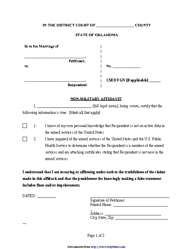 Oklahoma Non Military Affidavit Form