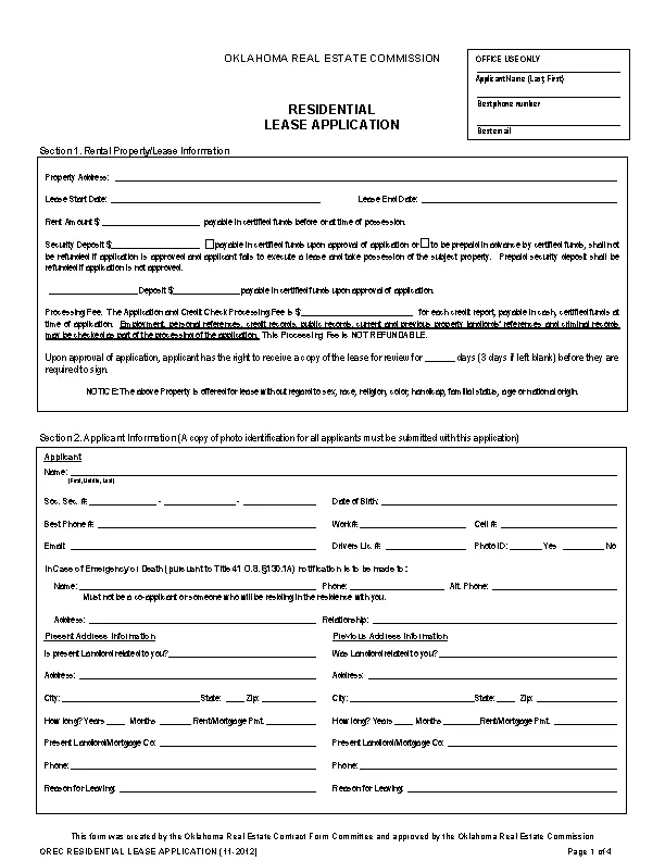 Oklahoma Residential Lease Application Form