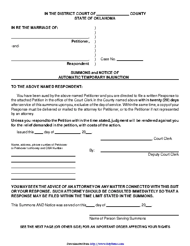 Oklahoma Summons And Notice Of Automatic Temporary Injunction Form