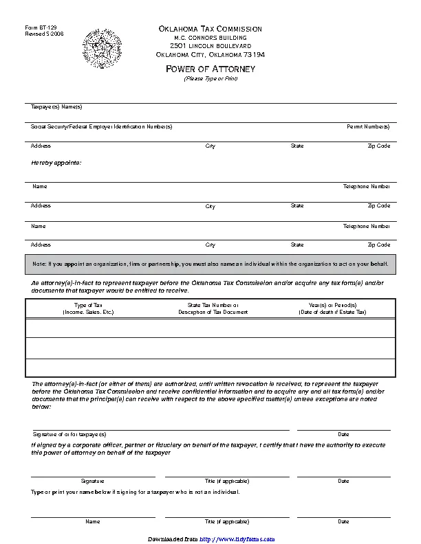 Oklahoma Tax Power Of Attorney Form PDFSimpli
