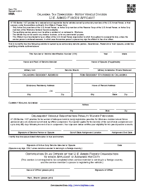 Oklahoma U S Armed Forces Affidavit Form PDFSimpli