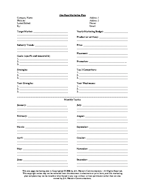 One Page Marketing Plan PDFSimpli