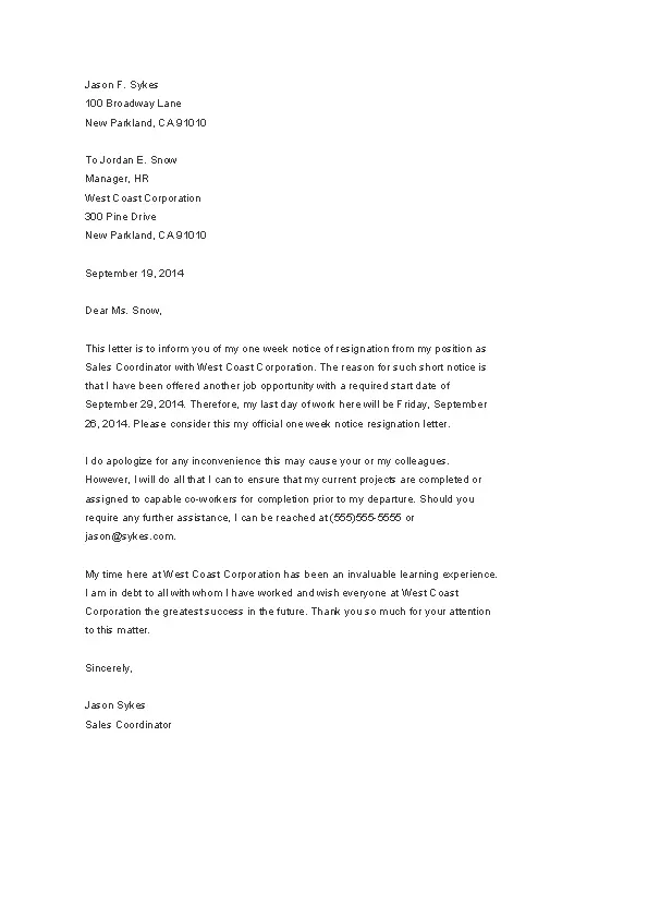 One Week Notice Letter Sample Template