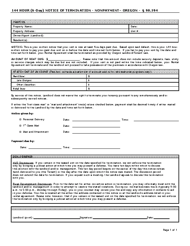 Oregon 144 Hour Notice To Quit Nonpayment Rent