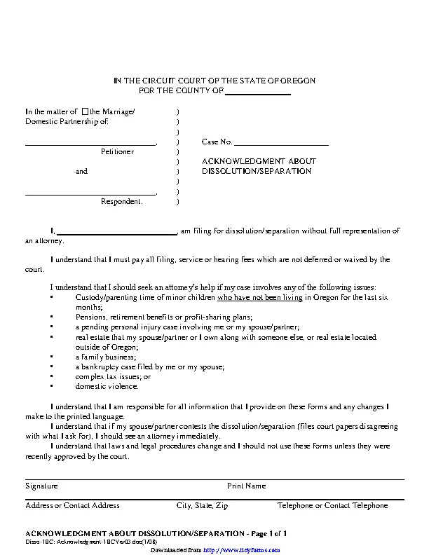 Oregon Acknowledgment About Dissolution Separation Form - PDFSimpli