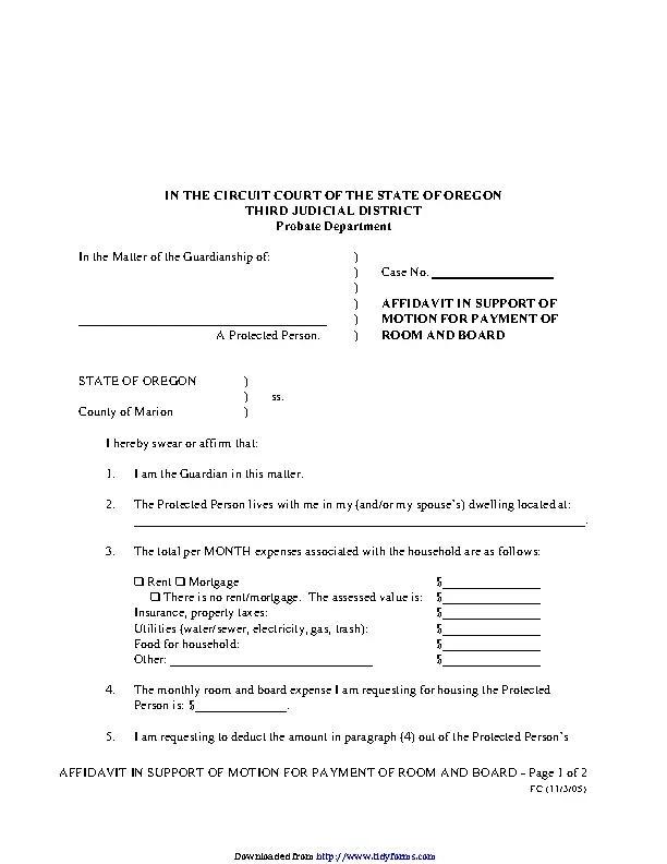 Oregon Affidavit In Support Of Motion For Payment Of Room And Board Form