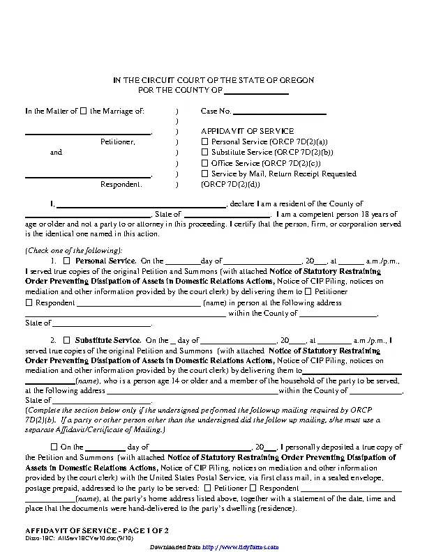 Oregon Affidavit Of Service Form