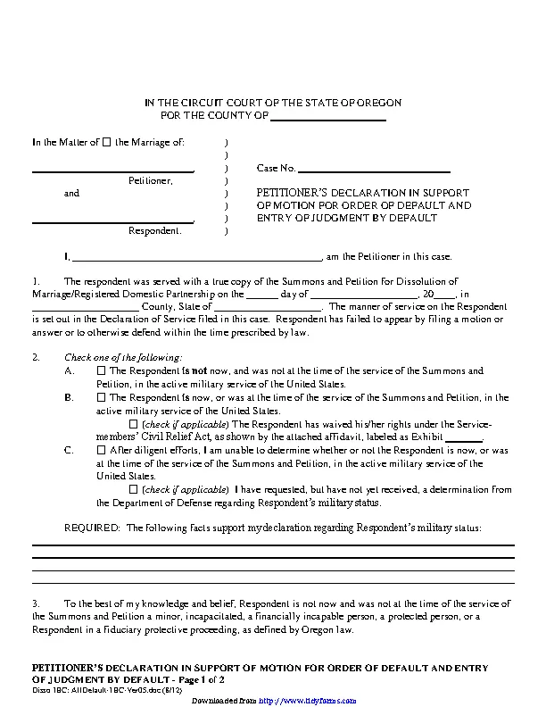 Oregon Declaration In Support Of Motion For Order Of Default Form ...