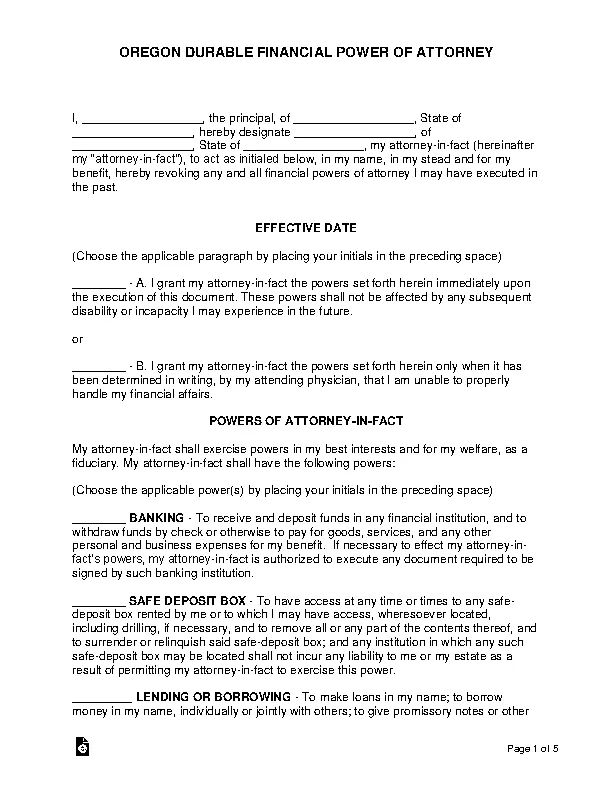 Oregon Durable Financial Power Of Attorney Form