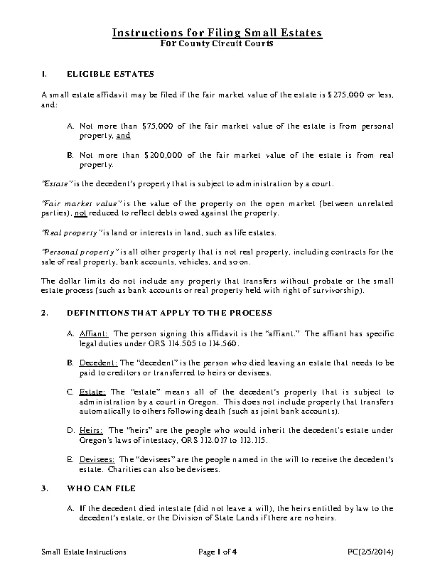 oregon instructions filing small estate PDFSimpli