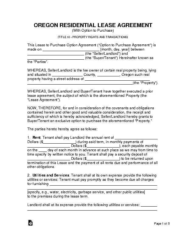 oregon property lease with right to buy PDFSimpli