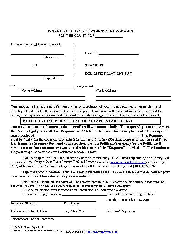 Oregon Summons Domestic Relations Suit Form