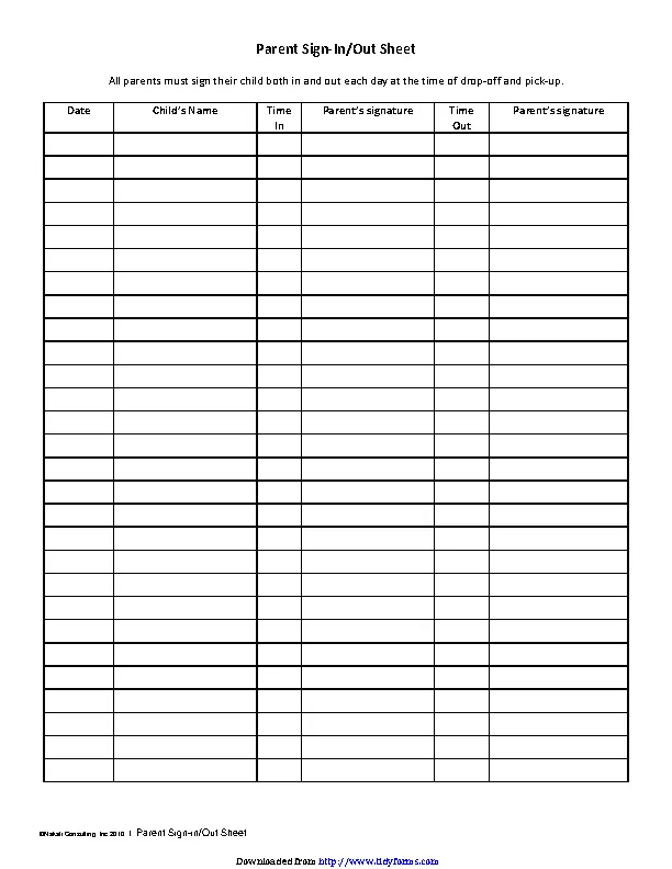 Parent Sign In Out Sheet