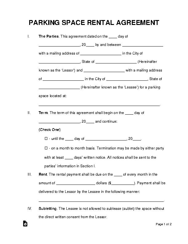 Parking Space Rental Agreement Template