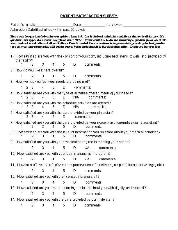 Patient Questionnaire Satisfaction Survey Template Free Download
