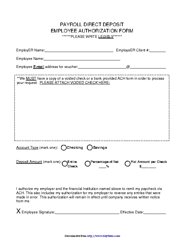 Payroll Direct Deposit Employee Authorization Form