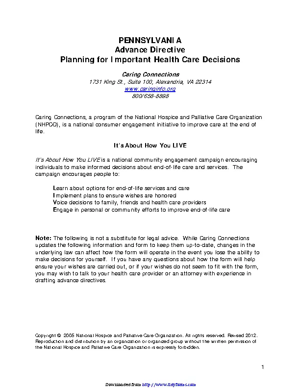 Pennsylvania Health Care Advance Directive Form