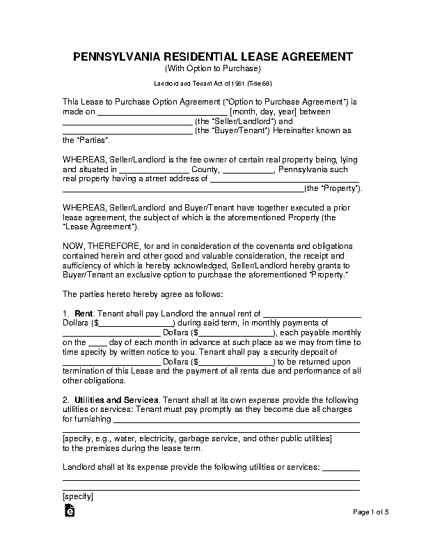 pennsylvania lease agreement with option to purchase PDFSimpli