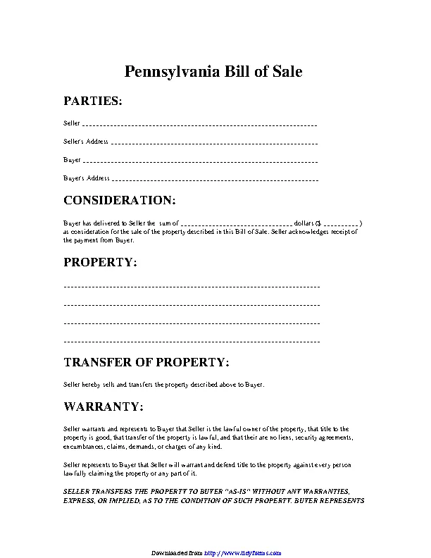 Pennsylvania Property Bill Of Sale Form PDFSimpli