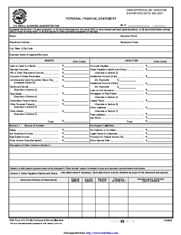 Personal Financial Statement Blank Form
