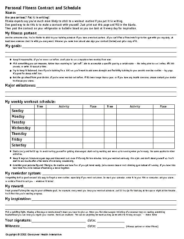 Personal Fitness Contract And Schedule Template