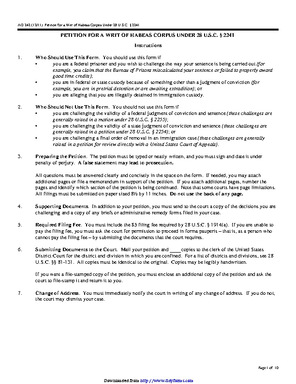 Petition For A Writ Of Habeas Corpus Under 28 U S C 2241 PDFSimpli   Petition For A Writ Of Habeas Corpus Under 28 U S C 2241.webp