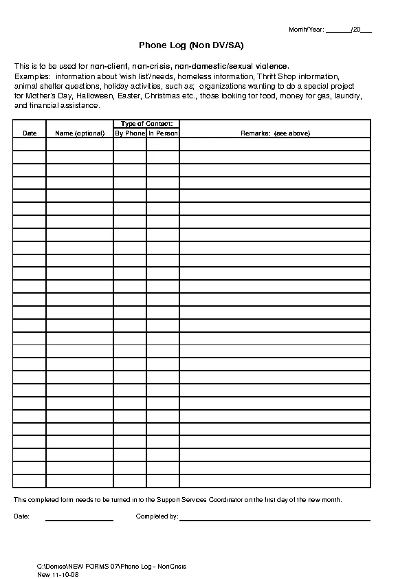 Phone Log Template Non Dv Or Sa - PDFSimpli