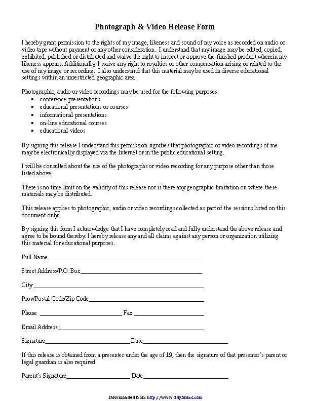 Photograph And Video Release Form