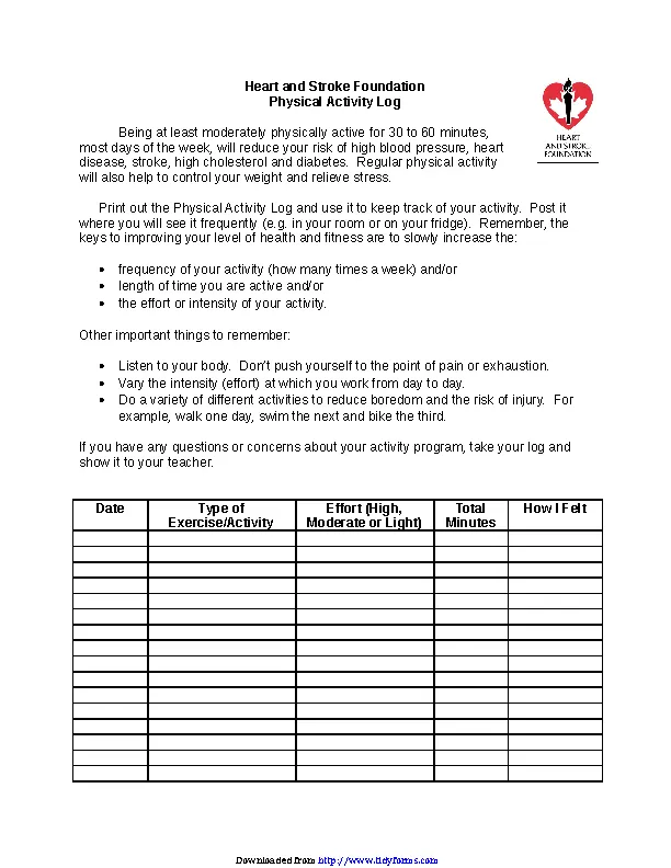 Physical Activity Log PDFSimpli