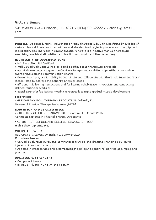 Physical Therapy Aide Fresher Resume - PDFSimpli