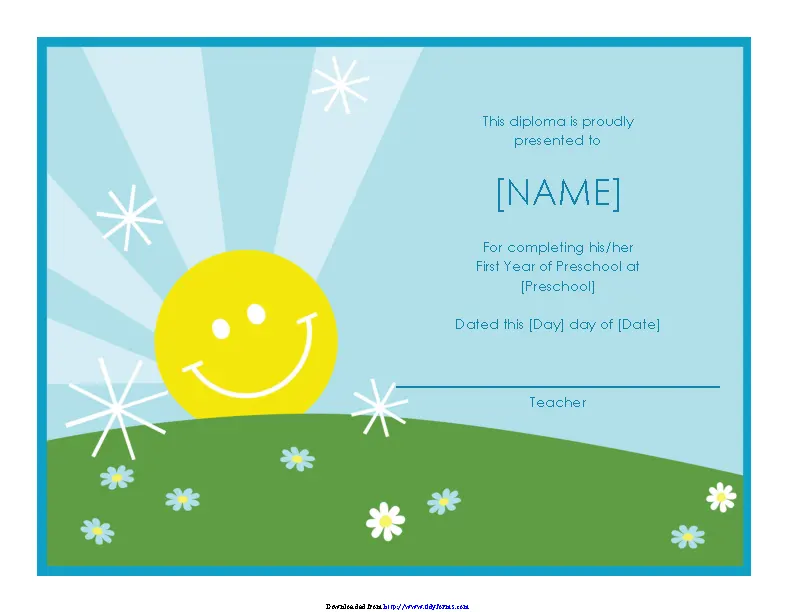 Preschool Diploma Certificate Sunshine Design