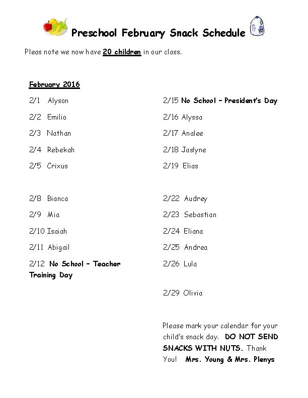 Preschool Snack Schedule