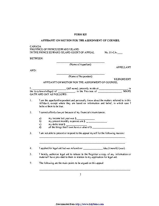 Prince Edward Island Affidavit On Motion For The Assignment Of Counsel Form