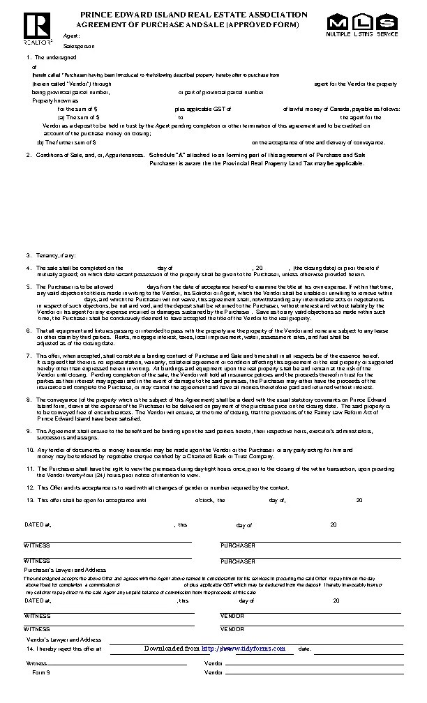 Prince Edward Island Agreement Of Purchase And Sale Form - Pdfsimpli