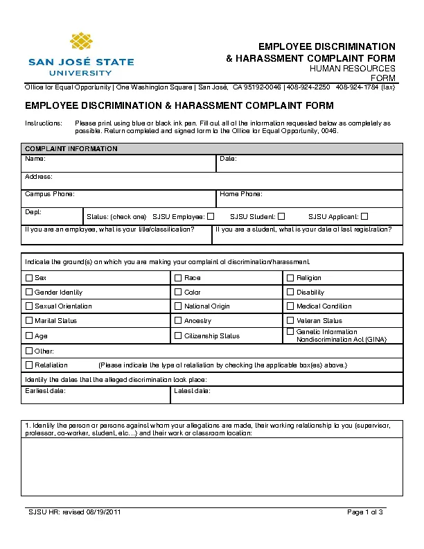 Printable Employee Discrimination Harassment Coplaint Form Download