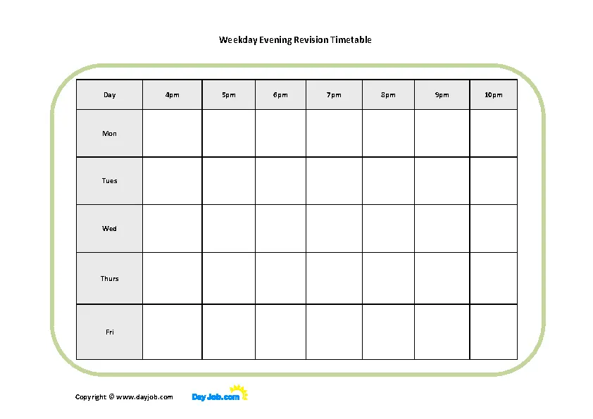Printable Evening Revision Timetable Template