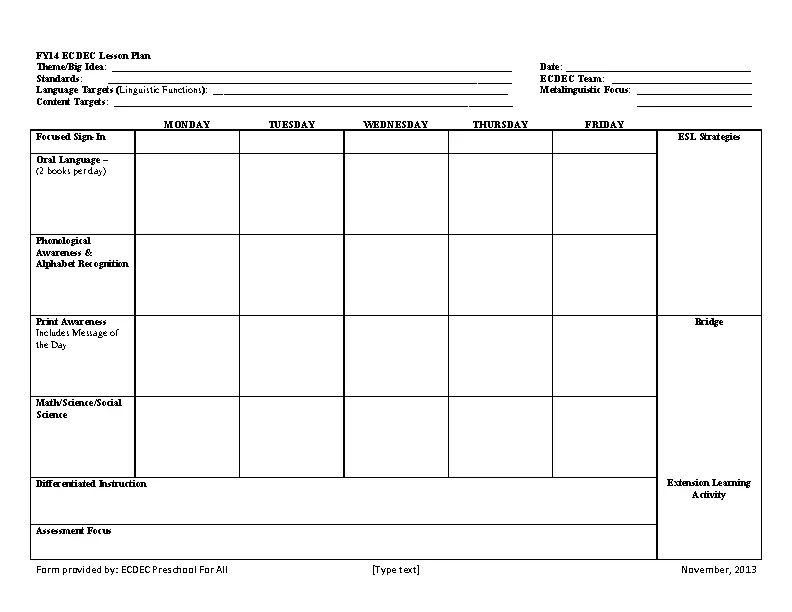 Printable Preschool Lesson Plan Template - PDFSimpli