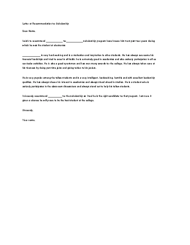Printable Recommendation Letter For A Friend For Scholarship Sample