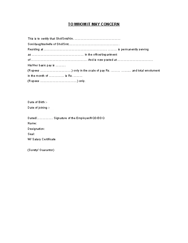 Printable Salary Certificate Of Employment Template